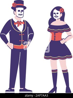 Menschen tragen mexikanischen Tag der Toten Kostüme flachbild Vektorgrafiken. Dia de los Muertos feier Outfits. Comicfiguren mit ele Stock Vektor