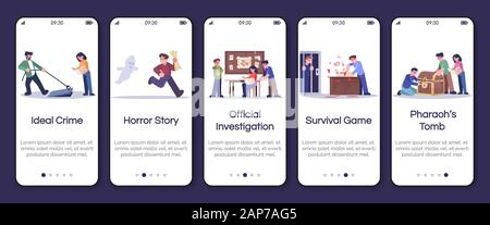 Suche Zimmer Typ Onboarding mobile App-Vektor Vorlage. Ideal Kriminalität, Horror, survival Spiel. Exemplarische Vorgehensweise website Schritte mit flachen Zeichen Stock Vektor