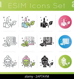 Biokosmetik Symbole gesetzt. Lippenstift. Eyeshadow Palette. Gesichtsmaske. Eco Make-up-Produkte. Natürliche Schönheit Produkte. Kostenlose Paraben. Flache Bauweise, linear, bla Stock Vektor