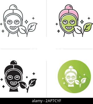 Gesichtsmaske Symbol. Hautpflege Routine. Auf pflanzlicher Basis. Beauty Produkt. Gesichtsbehandlung heilende Behandlung. Feuchtigkeitsspendende, Reinigung. Bio Kosmetik. Flache Bauweise, linear Stock Vektor