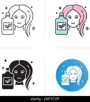 Natürliches Shampoo Flasche Symbol. SLS, Parabenfrei Haarpflege Produkt. Hygiene. Hypoallergen, botanische basiert. Bio Kosmetik. Flache Bauweise, lineare und Stock Vektor