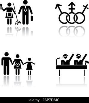 Die Gleichstellung der Geschlechter Schatten schwarz Glyphe Symbole gesetzt. Politische Rechte. Transgender, lgbtq Community. Weiblich, Männlich, trans unterzeichnen. Geschlechterstereotypen. Stock Vektor