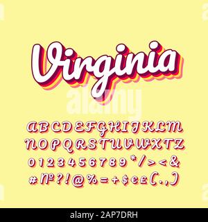Virginia vintage 3d Vektor Schriftzug. Retro bold Font, Schrift. Pop Art stilisierten Text. Old School Style Buchstaben, Zahlen, Symbolen, Elemente pack. 90 s Stock Vektor