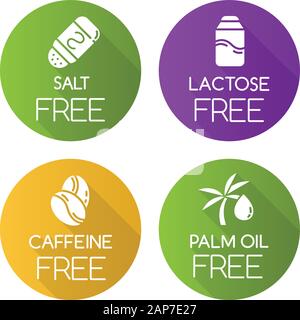 Produkt frei Zutat flache Bauweise lange Schatten Glyphe Symbole gesetzt. Kein Salz, Laktose, Koffein, Palmöl. Gesunde Bio-lebensmittel. Diätetische ohne Allergene Stock Vektor