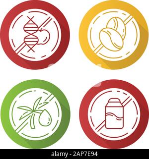 Produkt frei Zutat flache Bauweise lange Schatten Glyphe Symbole gesetzt. Kein GVO, Koffein, Palmöl, Laktose. Gesunde organische Nahrung ohne Chemikalien. Diätetische Stock Vektor