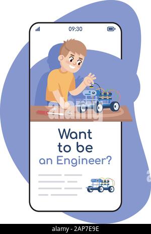 Möchten Sie ein Ingenieur social media Beiträge sein Smartphone App. Handy Displays mit Zeichentrickfiguren design mockup. Robotic Kurs Anw Stock Vektor