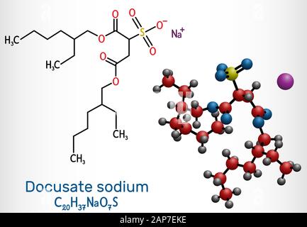 Docusate, dioctyl Sulfosuccinat, Docusat-natrium, C20H37NaO7S Molekül, ist ein Hocker Weichmacher für die Behandlung der Verstopfung als gemeinsame Abführmittel. S Stock Vektor