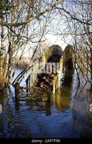 Überflutete Holzfußbrücke in der Nähe von Duxford, Shefford Lock, Oxfordshire. England Stockfoto