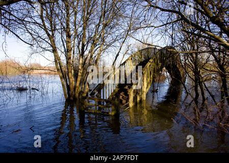 Überschwemmung um Holzfußbrücke. Shefford Lock, Chimney Meadows, Oxfordshire. England Stockfoto