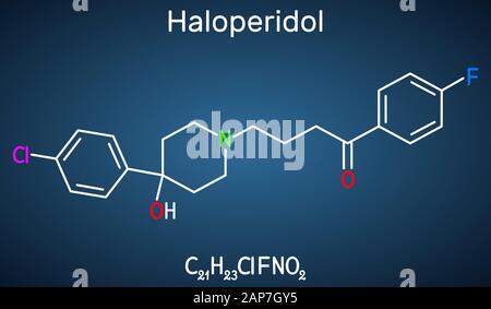 Haloperidol Molekül, ist antipsychotische Medikation. Strukturelle chemische Formel auf dem dunkelblauen Hintergrund. Vector Illustration Stock Vektor