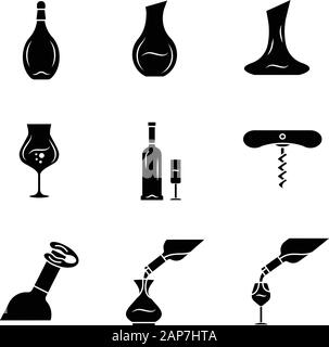 Alkohol Getränke geschirr Glyphe Symbole gesetzt. Weingläser, Dekanter, Flaschen. Foil Cutter, Korkenzieher. Glaswaren, Cocktail, Getränkeservice. Silhouette Stock Vektor