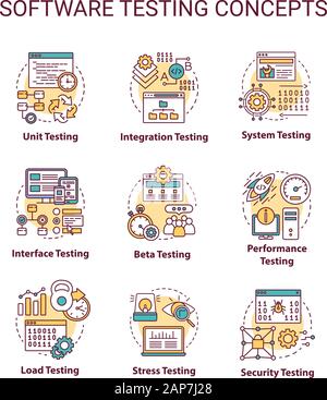 Software Testing Konzept Symbole gesetzt. System perfomance Verifikation Idee dünne Linie Illustrationen. Programm Entwicklungsstufen. Zuverlässigkeit, Stabilität. V Stock Vektor