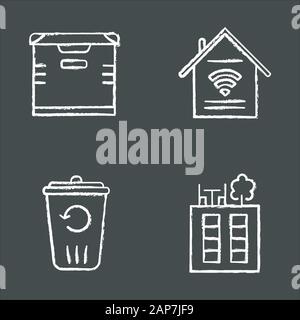 Wohnung Annehmlichkeiten chalk Symbole gesetzt. Smart Home Features, Lagerung, Recycling Service, Dachterrasse. Luxus für Wohnung Bewohner. Eigenschaft konventionelle Stock Vektor