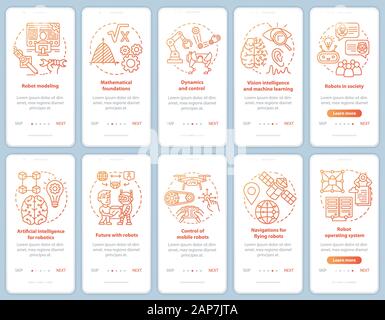 Robotik Kurse Onboarding mobile App Seite Bildschirm vektor Vorlage festlegen. Modellierung, Entwicklung von Robotern. Exemplarische Vorgehensweise website Schritte mit linearen illustr Stock Vektor