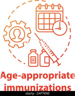 Alter entsprechende Impfungen roten Gradienten Konzept Symbol. Die grundimmunisierung Idee dünne Linie Abbildung. Healthcare, Spritze, Kalender. Medikation t Stock Vektor