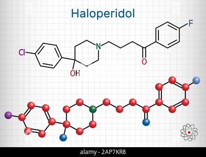 Haloperidol Molekül, ist antipsychotische Medikation. Strukturelle chemische Formel und Molekül-Modell. Blatt Papier in einem Käfig Stock Vektor