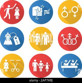 Die Gleichstellung der Geschlechter flache Bauweise lange Schatten Glyphe Symbole gesetzt. Violance gegen Frau. Geschlechterstereotypen. Braut-Preis. Zwangssterilisation. Politische Rechte Stock Vektor