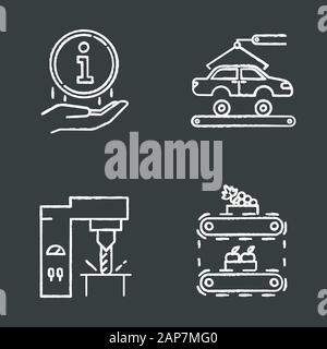 Industrie chalk Symbole gesetzt. Automotive Engineering. Informationen unterzeichnen. Eisen- und Stahlindustrie. Obst Produktion. Auto reparieren. Fahrzeug Fabrik. Essen s Stock Vektor