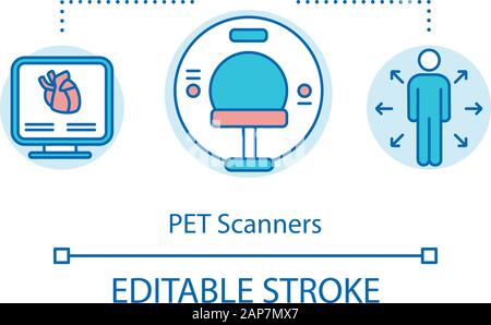 PET-Scanner Konzept Symbol. Die Positronen-Emissions-Tomographie. Funktionelle bildgebende Verfahren in der Medizin. Krankheit Diagnose Idee dünne Linie Abbildung. Vec Stock Vektor