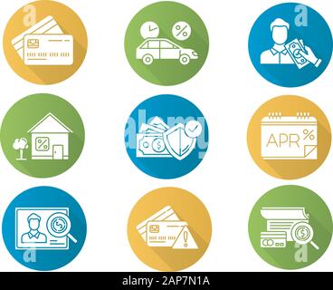 Darlehen flache Bauweise lange Schatten Glyphe Symbole gesetzt. Jahreszins Bericht. Kreditkarte. Versicherung Programm. Haus, Auto Darlehen. Bonität. Ausleihen Stock Vektor
