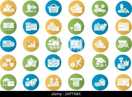 Darlehen flache Bauweise lange Schatten Glyphe Symbole gesetzt. Student Loan. Anleihen aus dem Abgang. Schwere Kreditkarte Schuld. Hauptbilligkeit Darlehen. Einzelhandel, Konsum. Stock Vektor