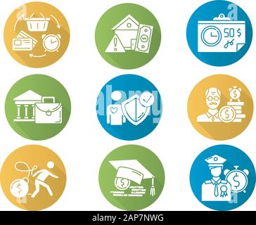 Darlehen flache Bauweise lange Schatten Glyphe Symbole gesetzt. Anleihen aus dem Abgang. Kursteilnehmeranleiheschuld. Die Zahlung für die Hochschulbildung. Handel, Einzelhandel. Revolvin Stock Vektor