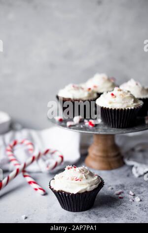 Pfefferminz Schokolade Cupcakes mit weißer Schokolade Buttercream Frosting bestreut mit zerquetschten Zuckerstangen Stockfoto