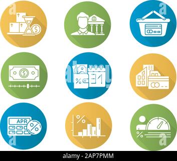 Loan Flat Design Long Shadow Glyph Icons Set. Darlehen für kleine Unternehmen. Berechnung der jährlichen Prozentsätze. Infografik zur Einkommenssteigerung. Kreditauskunftei. Borr Stock Vektor