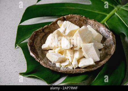 Gehackte Stücke von organischen Kakaobutter in Handwerk Keramikplatte auf Grün exotische monstera Blatt über Grau gefleckten Hintergrund. Nahaufnahme Stockfoto