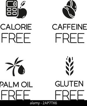 Set mit produktfreien Glyph-Symbolen für Inhaltsstoffe. Keine Kalorien, Koffein, Palmöl, Gluten. Organische gesunde Lebensmittel. Kalorienarme Mahlzeiten. Diätetisch ohne Allergene. Stock Vektor