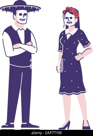 Menschen, die den traditionellen mexikanischen Tag der toten Kostüme tragen, stellen flache Vektorillustrationen auf. Cartoon-Figuren mit auf weißem Rücken isolierten Gliederelementen Stock Vektor