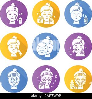 Hautpflege Verfahren flaches Design lange Schatten Glyphe Symbole gesetzt. Nacht-Zeit-Beauty-Routine. Unteraugencreme. Blattmaske. Punktbehandlung. Hydrogel-Flecken. Stock Vektor