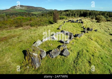 Deerpark Court Tomb neolithische Grabstätte alias Magherahanrush. N. E. von Colgagh Lough, Sligo, Irland. Grabkammern entweder am Ende des zentralen ovalen Gerichts Stockfoto