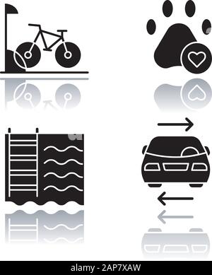 Die Ausstattung der Apartments ist mit schwarzen Glyphen-Symbolen ausgestattet. Fahrradparkplätze, Haustiere erlaubt, Schwimmbad, gemeinschaftlich genutzter Parkplatz. Dienstleistungen für Privathaushalte. Beruhigst Stock Vektor