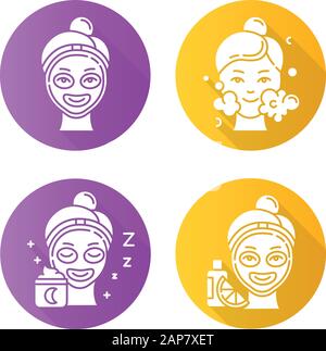 Hautpflege Verfahren flaches Design lange Schatten Glyphe Symbole gesetzt. Nachtprogramm. Vitamin-C-Creme für die Schönheitsbehandlung im Gesicht. Verwenden von sauberem Wasser. M Stock Vektor