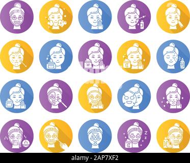 Hautpflege Verfahren flaches Design lange Schatten Glyphe Symbole gesetzt. Gesichtscreme verwenden. Flüssigkeit, Blech, Abziehmaske. Nachtprogramm. Punktbehandlung. Vita Stock Vektor