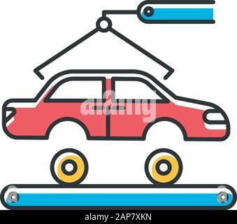 Farbsymbol für die Automobilindustrie. Autoproduktion. Fahrzeugfabrik. Reparatur und Reparatur von Fahrzeugen. Automatische Einrichtung mit Kran und Förderband. Maschinen, Stock Vektor