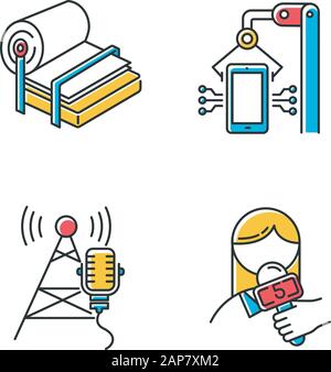 Farbsymbole für Branchentypen festgelegt. Zellstoff- und Papierherstellung. Elektronikanlage. Sendeturm. Nachrichten und Medien. Informationstechnologie. Person Wi Stock Vektor