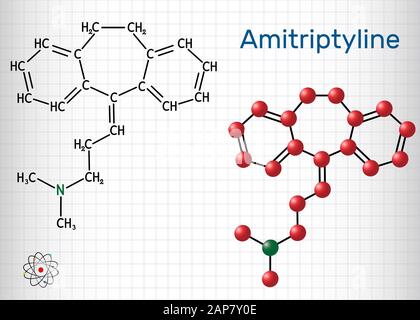 Amitriptylin C20 H23 N Molekül. Es ist trizyklischen Antidepressivums TCA mit analgetischen Eigenschaften, wird zur Behandlung von Depressionen und neuropathischen Schmerzen zu behandeln. Struc Stock Vektor