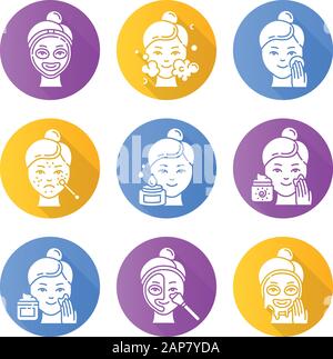 Hautpflege Verfahren flaches Design lange Schatten Glyphe Symbole gesetzt. Punktuelle Behandlung von Akne und Schwarzköpfen. Sonnenschutz wird angewendet. Mosturizing Face Cleanser. T Stock Vektor