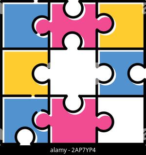 Symbol für Puzzle-Farbe. Kiellegung, Montagespiel. Ineinander greifende Teile. Mentale Bewegung. Einfallsreichtum, Intelligenztest. Hirn-Teaser. Problemlösung. Also Stock Vektor