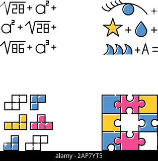 Puzzles und Rätsel Farbsymbole gesetzt. Rebus. Blockpuzzle, Kachelabgleich. Stichsäge. Logikspiele. Mentale Bewegung. Herausforderung. Hirn-Teaser. Lösung findi Stock Vektor