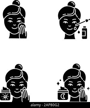 Hautpflegeverfahren Glyphe Symbole eingestellt. Nachtcreme auftragen. Mit Serum. Sonnenschutz im Gesicht. Feuchtigkeitsspendende, reinigende Haut. Beauty-Routine. Sil Stock Vektor
