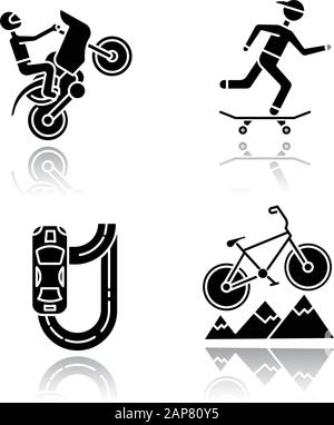 Extreme Sport Schlagschatten schwarze Glyphe Symbole gesetzt. Motorradfahren, Motocross-Rennen. Mountainbiking, Cross-Country-Biking. Auto-Rennen. Treibendes Auto. S Stock Vektor