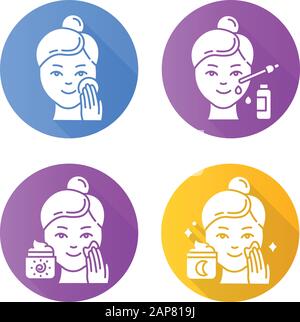 Hautpflege Verfahren flaches Design lange Schatten Glyphe Symbole gesetzt. Nachtcreme auftragen. Mit Gesichtsserum. Sonnenschutz im Gesicht. Feuchtigkeitsspendende, klee Stock Vektor