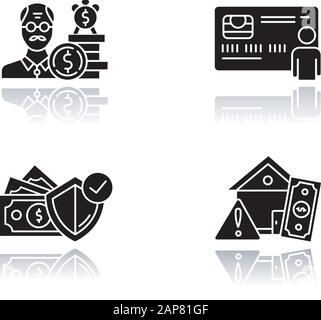 Credit Drop Shadow Black Glyph Icons Set. Kreditaufnahme aus dem Ruhestand. Kreditversicherung. Pensionsbudget. Immobilienkredit. Eigenmittelkredit. Persönlich Stock Vektor