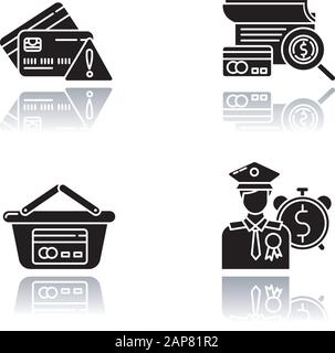 Credit Drop Shadow Black Glyph Icons Set. Einzelhandel, Konsumerismus. Darlehen für Veteranen, Militärangehörige. Risiko, Geld mit Prozentsatz zu leihen. Supermarke Stock Vektor