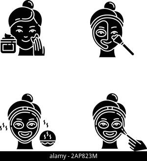 Hautpflegeverfahren Glyphe Symbole eingestellt. Auftragen von Peeling-Creme. Thermische Maske, um Poren zu öffnen. Flüssigkeitsmaske für die Gesichtsbehandlung. Beauty-Routine. Sil Stock Vektor