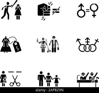 Symbole für Gleichstellungs-Glyphe festgelegt. Geiz gegen Frau. Geschlechterstereotypen. Brautpreis. Zwangssterilisation. Politische Rechte. Belästigung von Frauen. Sil Stock Vektor