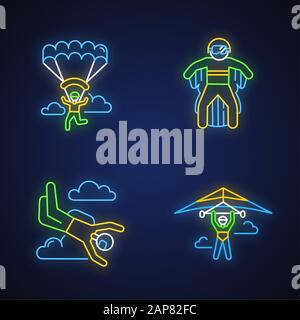 Air Extreme Sport Neon Light Icons Set. Drachenfliegen, Fallschirmspringen, Flügelsaugen und Gleitschirmfliegen. Aktivitäten im Freien. Adrenalinunterhaltung und riskant Stock Vektor